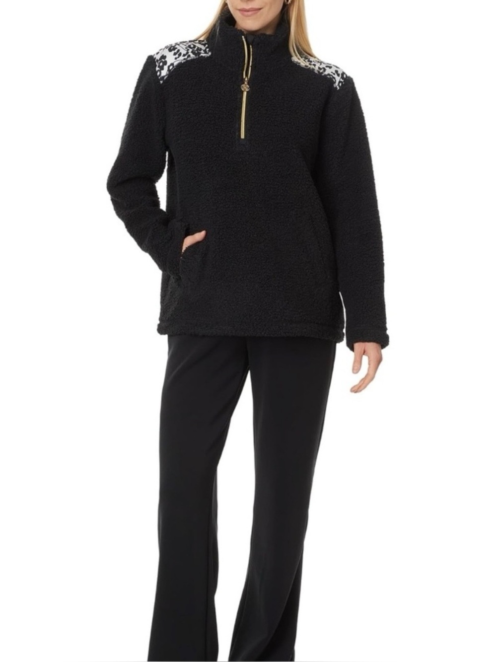 Lilly Pulitzer Womens Wallen Sherpa Jacket 1/4 Zip Black With Animal Print Beach